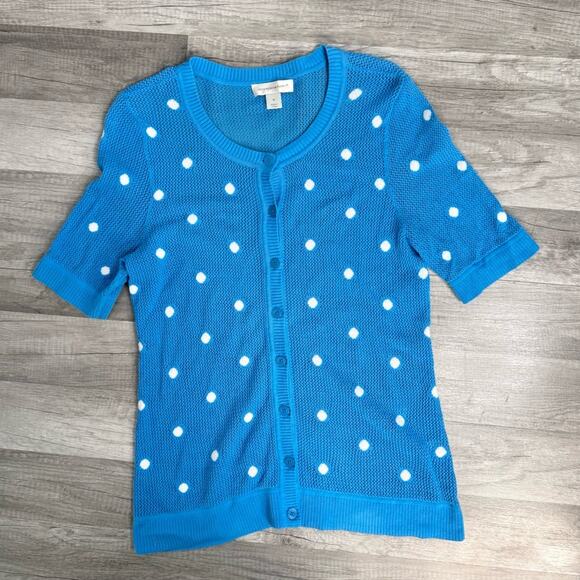 Blue Cotton Polka Dot Cardigan Sheer Size Medium Y2k Coquette Preppy Bright - Picture 4 of 7